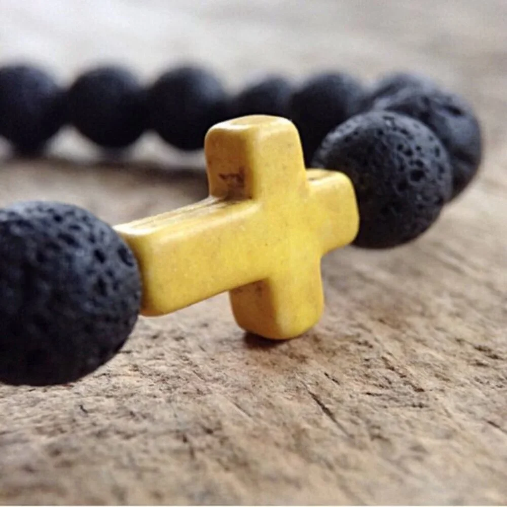 Yellow Cross Black Lava Stone Beaded Bracelet 8mm beads - Size 8 inches
